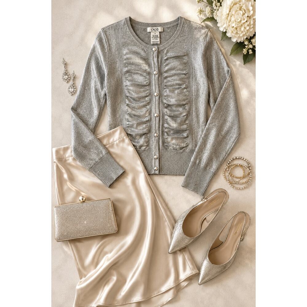 Cache Metallic Shimmer Cardigan Sweater Wedding Party Evening Layer Size M